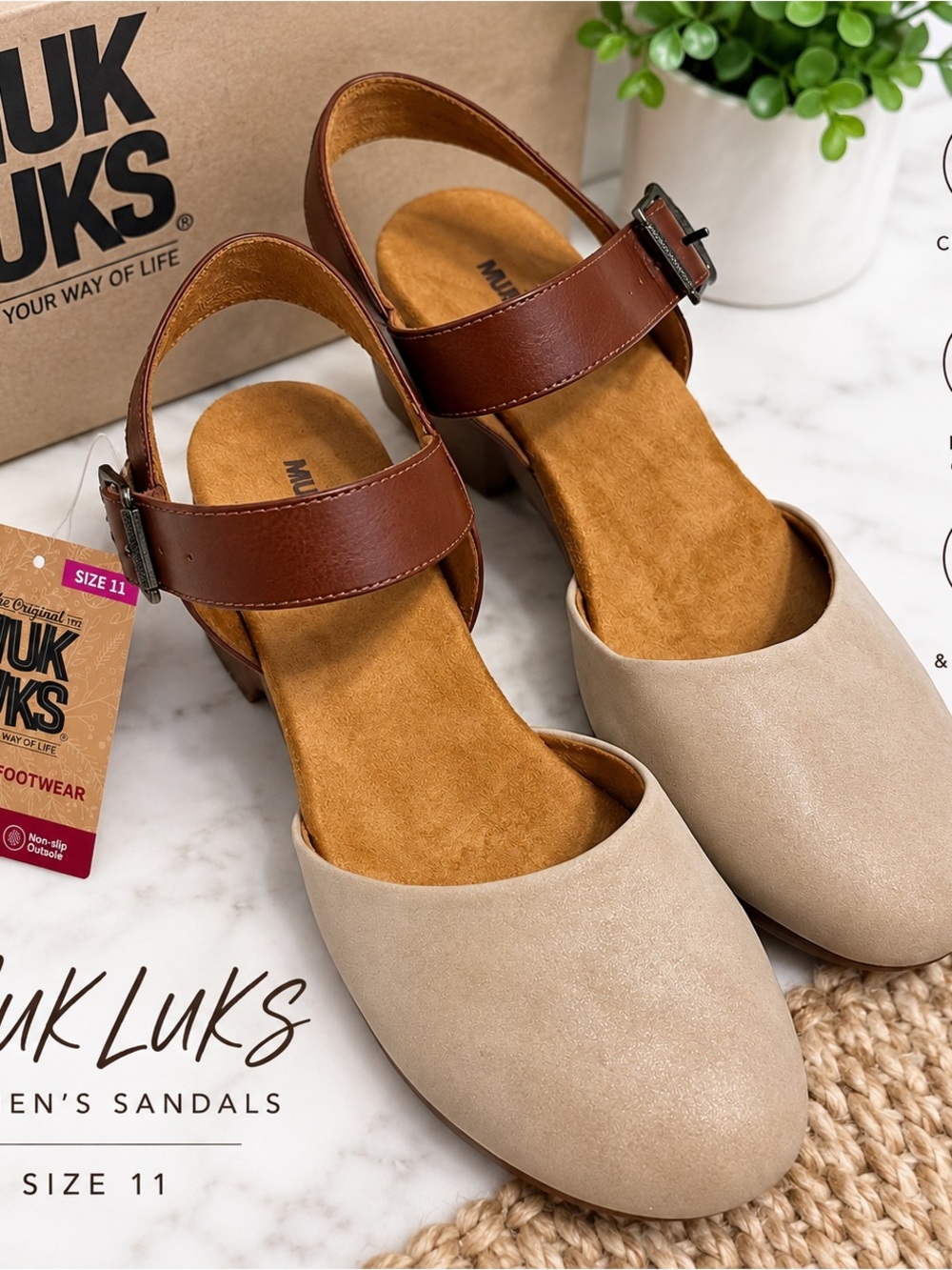 Muk Luks Two-Tone Beige and Brown Slingback Mules